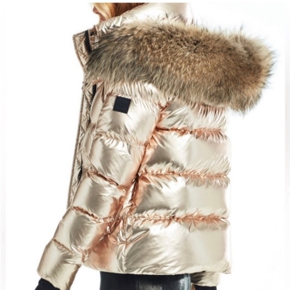SAM. Women's Shiny Silver Puffer with Real Fur Hood - Picture 4 of 6